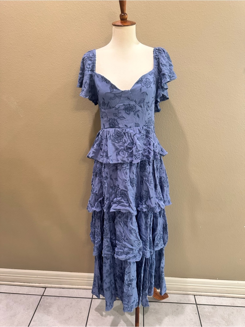 Altar'd State Dusty Blue Floral Tiered Maxi Dress Roxanne Layered Maxi Dress M - Picture 4 of 11
